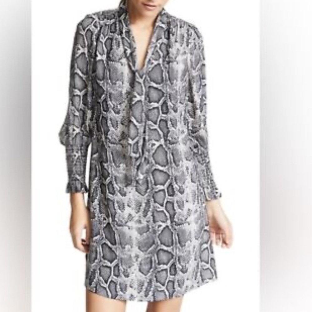 Rebecca Taylor Sz 0 Dress Silk Grey Pink Long Sleeve Tie V-neck Python Office